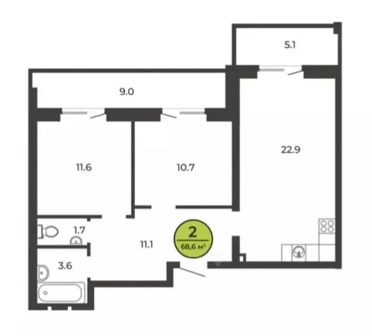 2-к кв. Брянская область, Брянск ул. Ильи Иванова, 3А (68.6 м) - Фото 1