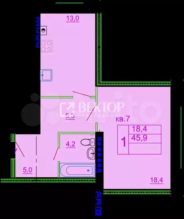 1-к. квартира, 45,9 м, 3/3 эт. - Фото 1