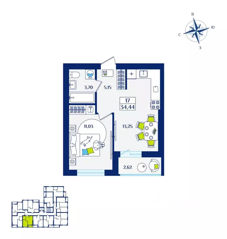 1-к кв. Калининградская область, Зеленоградск  (34.44 м) - Фото 0