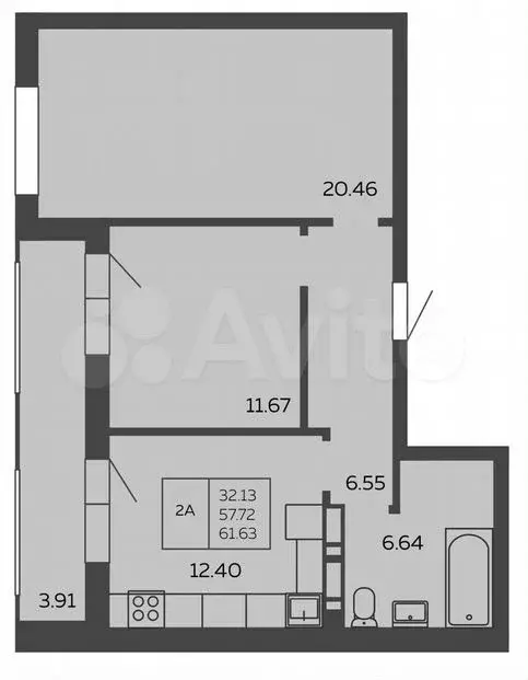 2-к. квартира, 61,6м, 3/10эт. - Фото 1