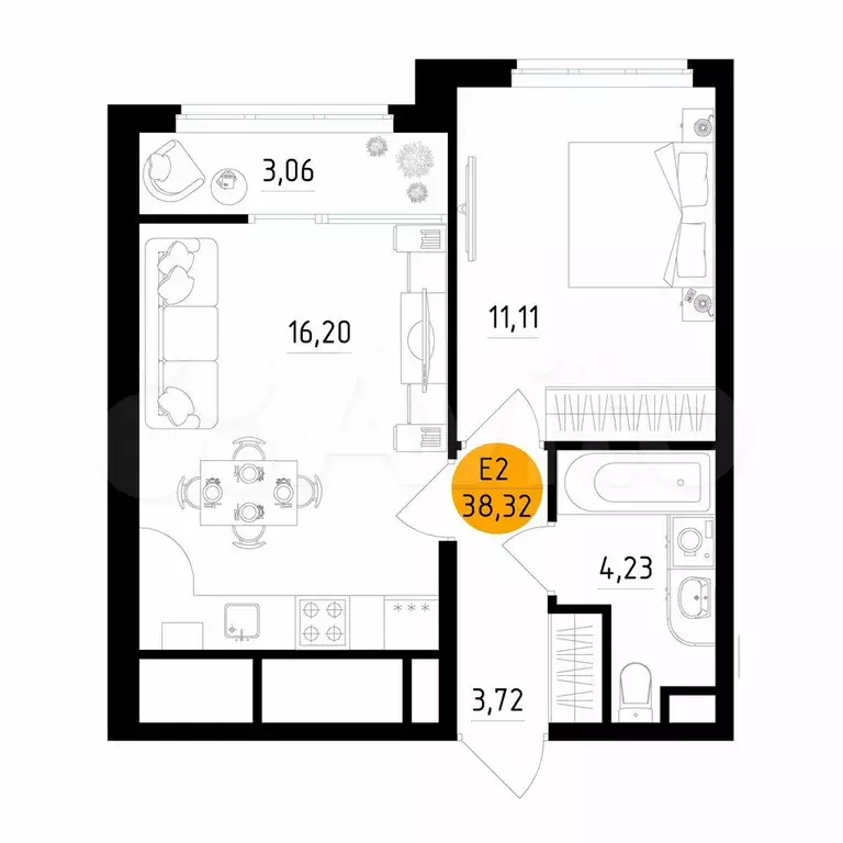 1-к. квартира, 38,3 м, 14/25 эт. - Фото 1
