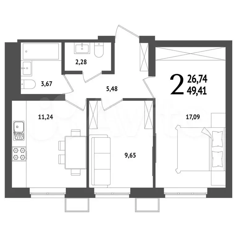 2-к. квартира, 49,5 м, 21/25 эт. - Фото 1