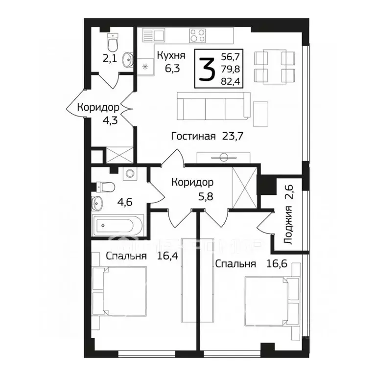 3-к кв. Башкортостан, Уфа ул. Цюрупы, 30 (84.0 м) - Фото 2