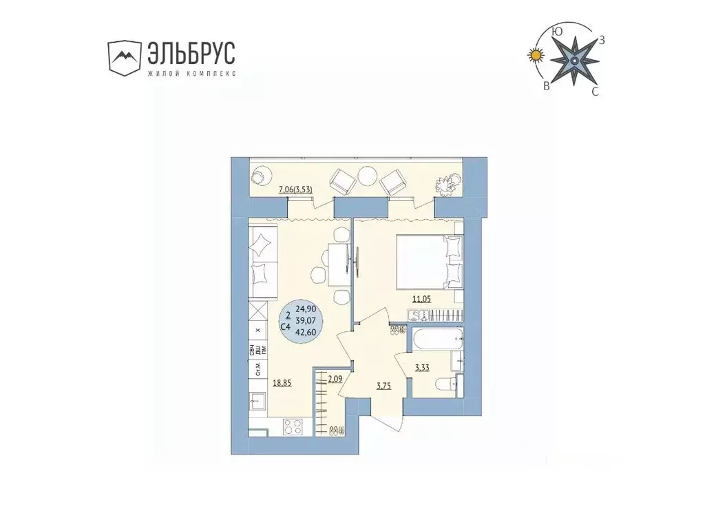 2-к кв. Башкортостан, Уфа Кавказская ул., 24 (42.6 м) - Фото 0
