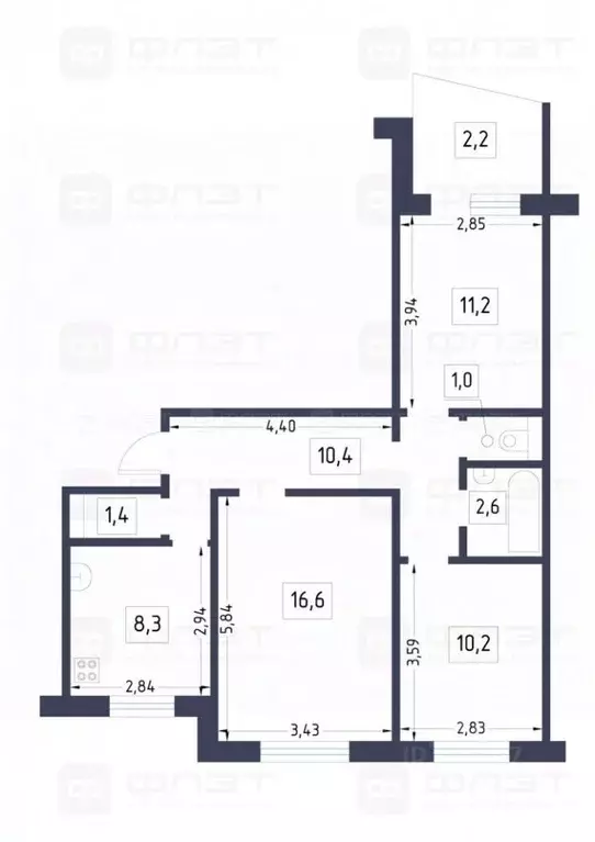 3-к кв. Татарстан, Казань ул. Юлиуса Фучика, 83 (64.0 м) - Фото 2