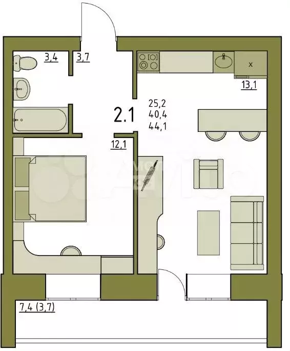 2-к. квартира, 44,1 м, 1/5 эт. - Фото 0