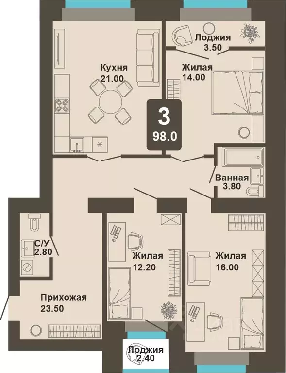 3-к кв. Чувашия, Чебоксары ул. И.П. Прокопьева (98.0 м) - Фото 1