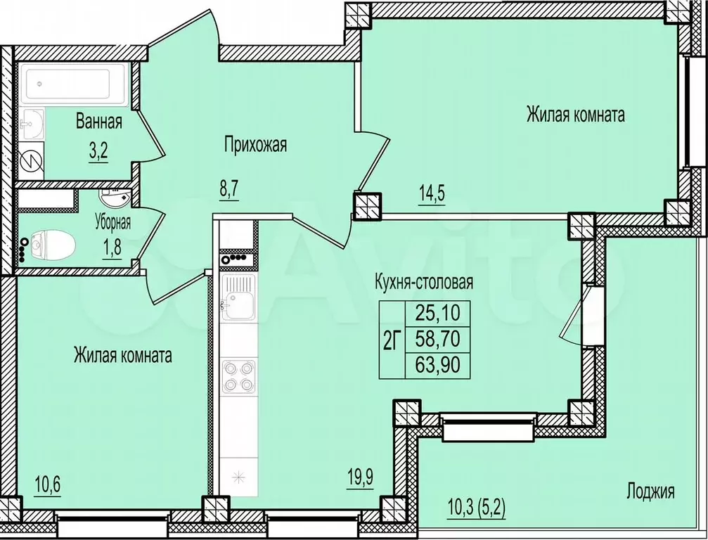 2-к. квартира, 63,9 м, 3/8 эт. - Фото 0