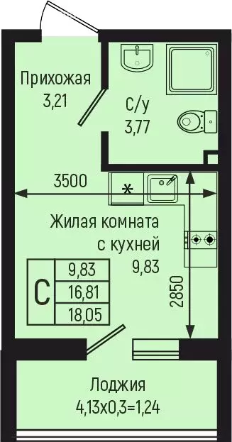 Квартира-студия: село Небуг, квартал Спортивный (18.05 м) - Фото 0