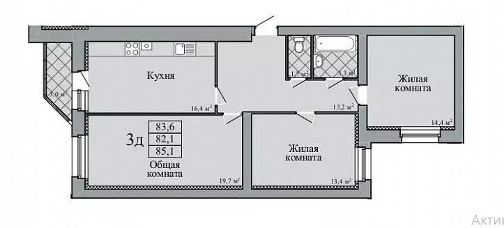 3-комнатная квартира: посёлок Строитель, Придорожная улица, 3Б (85.1 ... - Фото 0