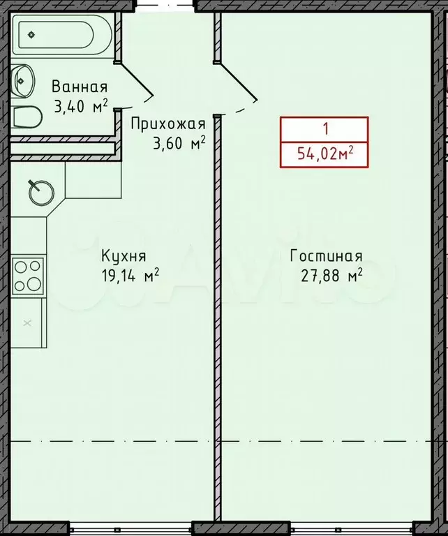 1-к. квартира, 54 м, 9/13 эт. - Фото 1