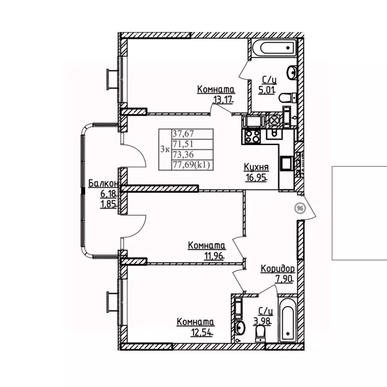 3-к кв. Калининградская область, Калининград ул. Дубовая Аллея (73.36 ... - Фото 1