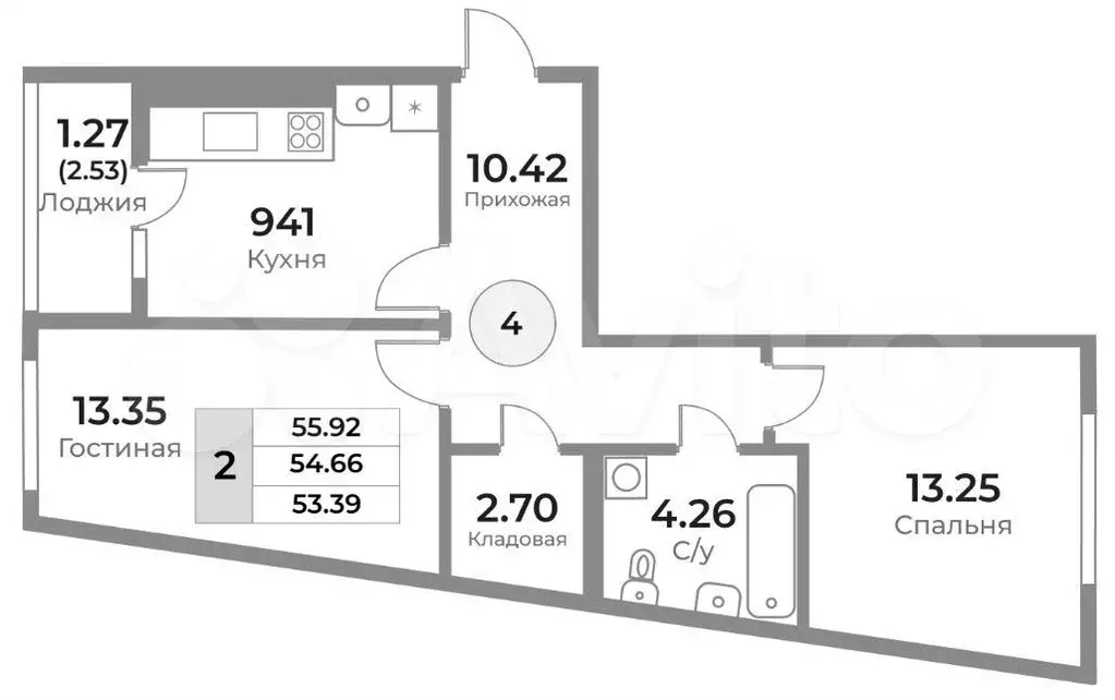 2-к. квартира, 55,9 м, 1/10 эт. - Фото 1