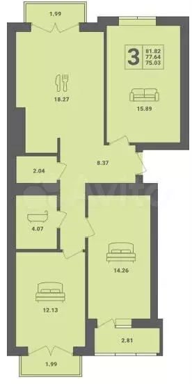 3-к. квартира, 81 м, 4/6 эт. - Фото 1