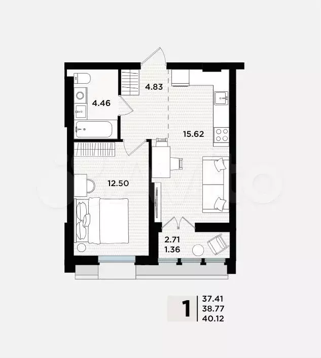 1-к. квартира, 38,8 м, 4/5 эт. - Фото 1