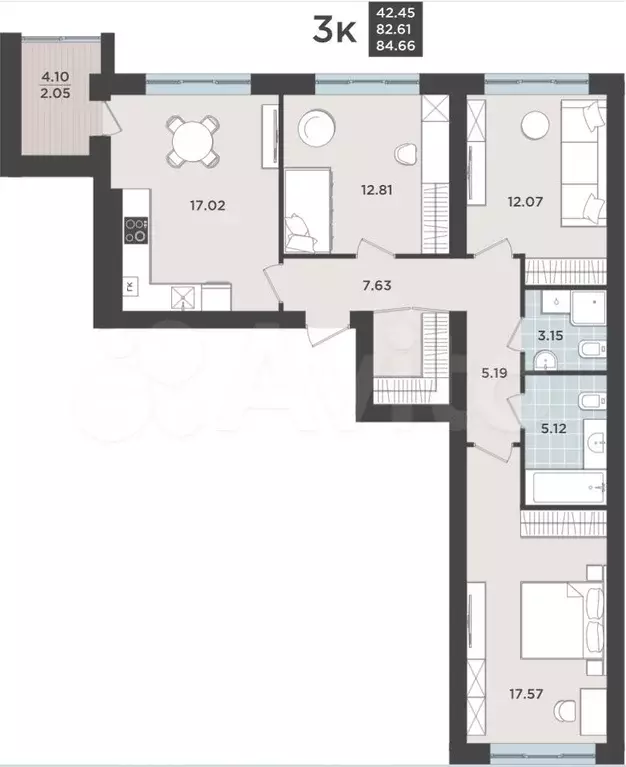 3-к. квартира, 82,6 м, 7/9 эт. - Фото 1