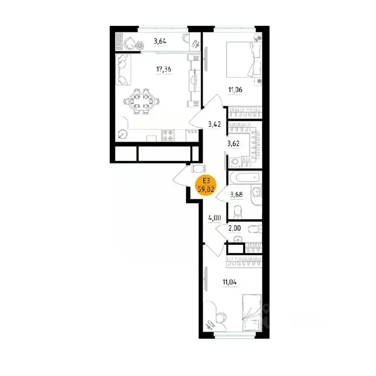 2-к кв. Рязанская область, Рязань ул. Земнухова (59.82 м) - Фото 0