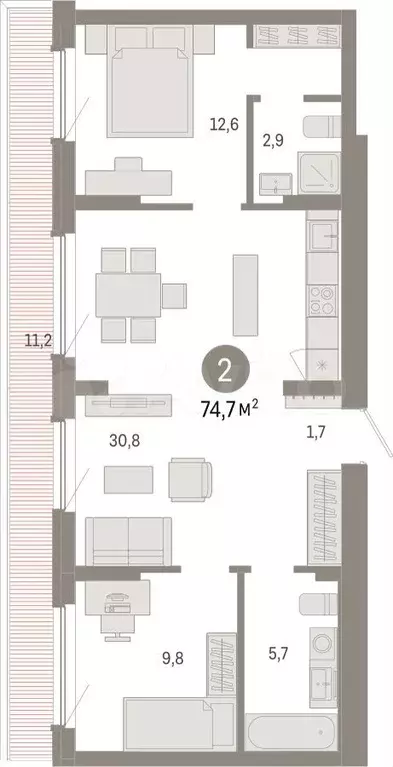 2-к. квартира, 74,7 м, 8/12 эт. - Фото 1