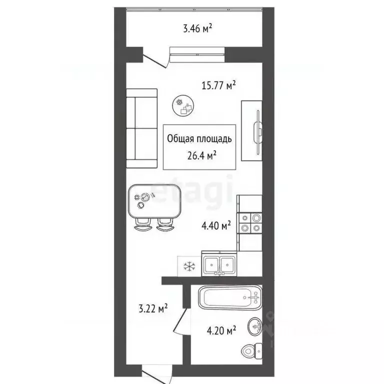 Студия Новосибирская область, Новосибирск ул. Забалуева, 90 (26.4 м) - Фото 2