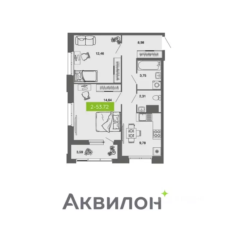 2-к кв. Архангельская область, Архангельск Комсомольская ул. (53.72 м) - Фото 1