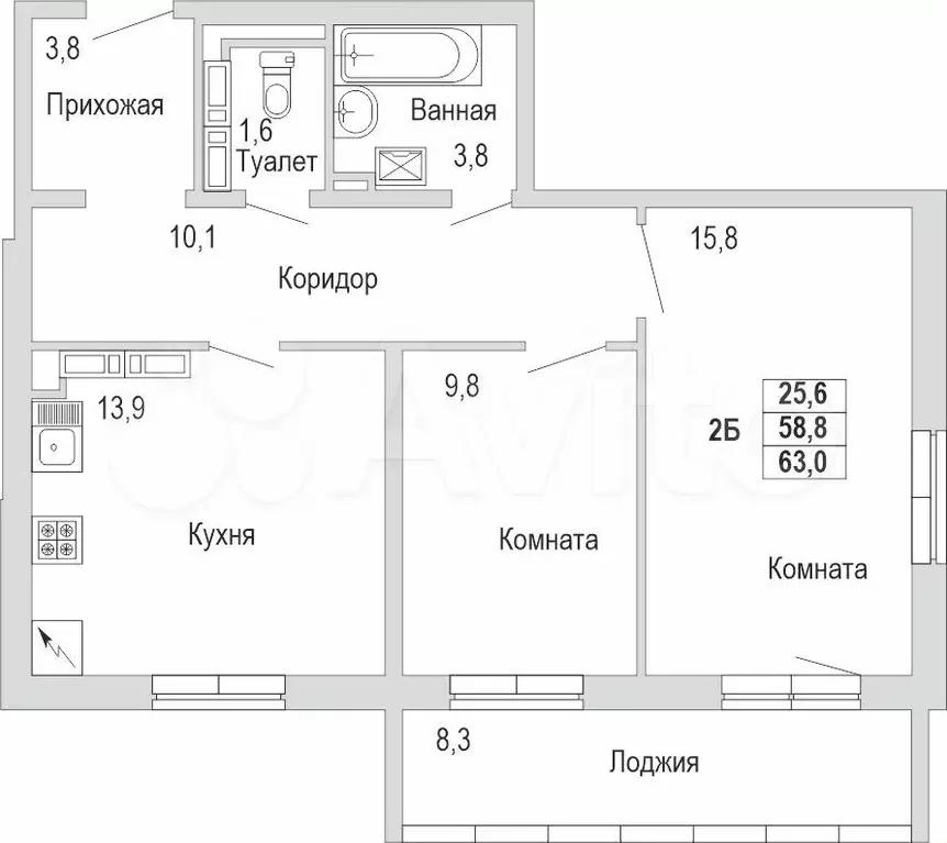 2-к. квартира, 63 м, 4/18 эт. - Фото 1