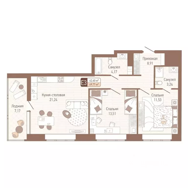 2-к кв. Тульская область, Тула Кулик жилой комплекс (66.19 м) - Фото 1