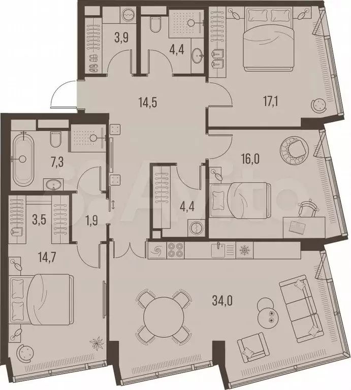 4-к. квартира, 121,7 м, 13/32 эт. - Фото 0