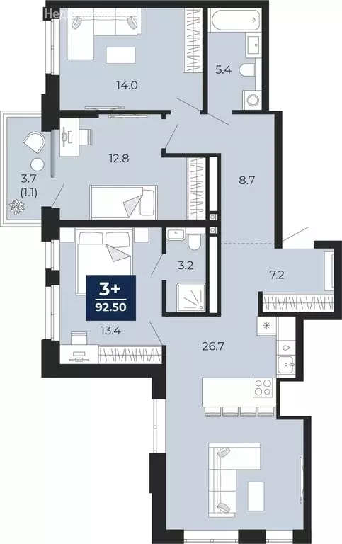 3-комнатная квартира: Тюмень, проезд Капитана Куликова, 5 (95.1 м) - Фото 1