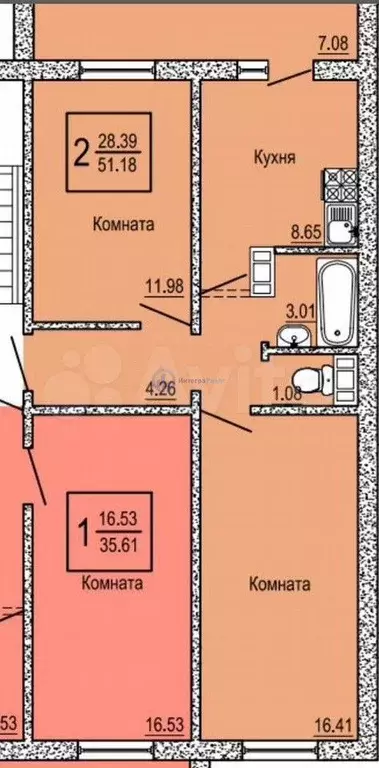 2-к. квартира, 48,3 м, 4/11 эт. - Фото 0