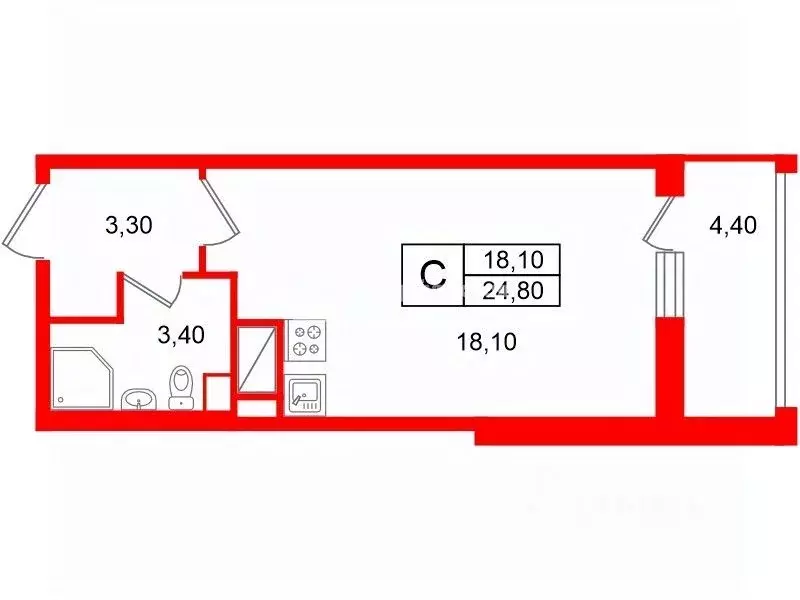 Студия Санкт-Петербург Парашютная ул., 77к1 (24.8 м) - Фото 2