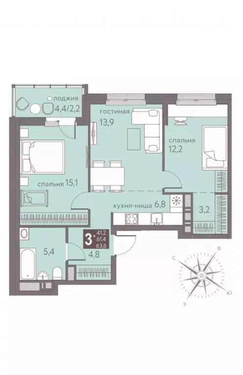 3-к кв. Пермский край, Пермь ул. Серебристая, 12/1 (61.1 м) - Фото 2