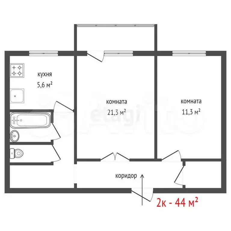 2-к. квартира, 44 м, 1/5 эт. - Фото 1