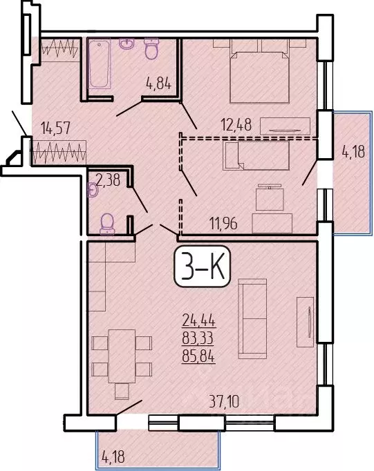 3-к кв. Бурятия, Улан-Удэ 129-й мкр,  (85.84 м) - Фото 1