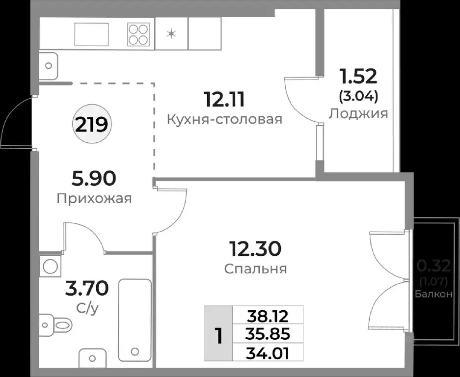 1-к кв. Калининградская область, Калининград Пригородная ул. (35.85 м) - Фото 1