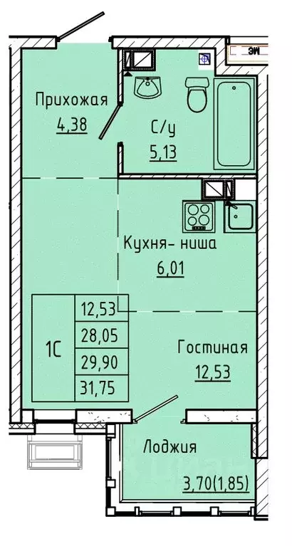 Студия Ростовская область, Ростов-на-Дону ул. Текучева, 370/3 (29.82 ... - Фото 0