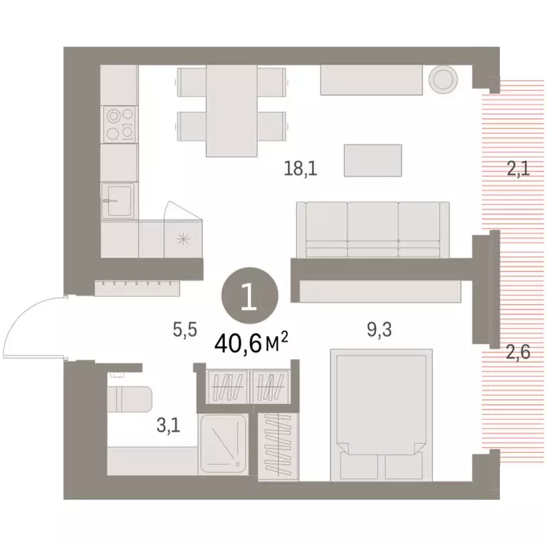 1-комнатная квартира: Екатеринбург, улица Академика Ландау, 7Г (42.3 ... - Фото 1