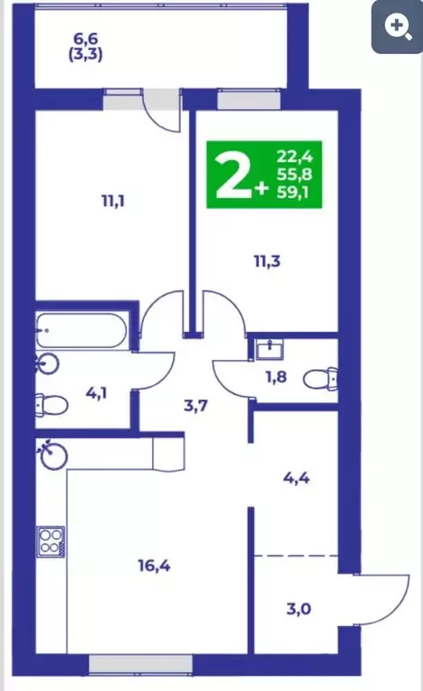 Продаётся 2-к квартира, 59.1 м - Фото 0