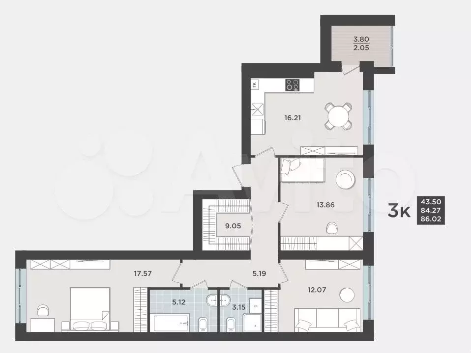3-к. квартира, 85 м, 3/9 эт. - Фото 1