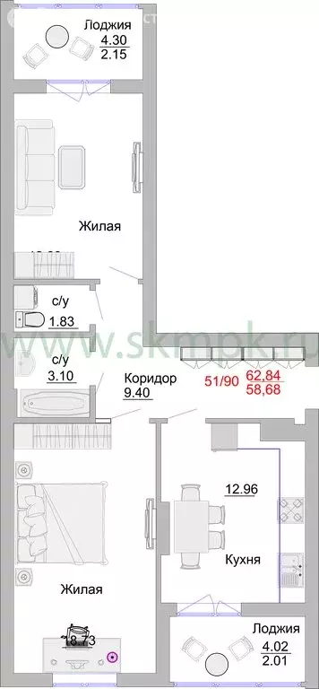 2-комнатная квартира: Пионерский, Портовая улица, 5 (69.1 м) - Фото 0