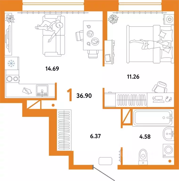 1-к кв. Тюменская область, Тюмень Интернациональная ул., 199к10 (37.02 ... - Фото 1