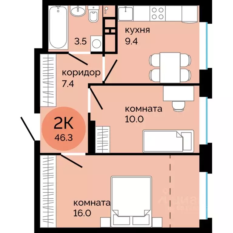 2-к кв. Пермский край, Пермь ул. Яблочкова, 5к4 (46.3 м) - Фото 0