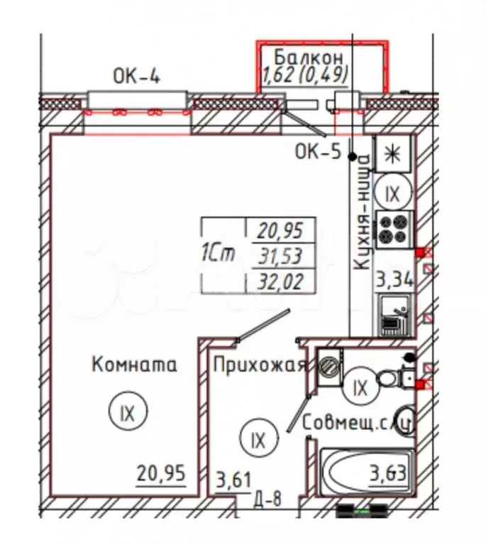 1-к. квартира, 32 м, 4/4 эт. - Фото 0