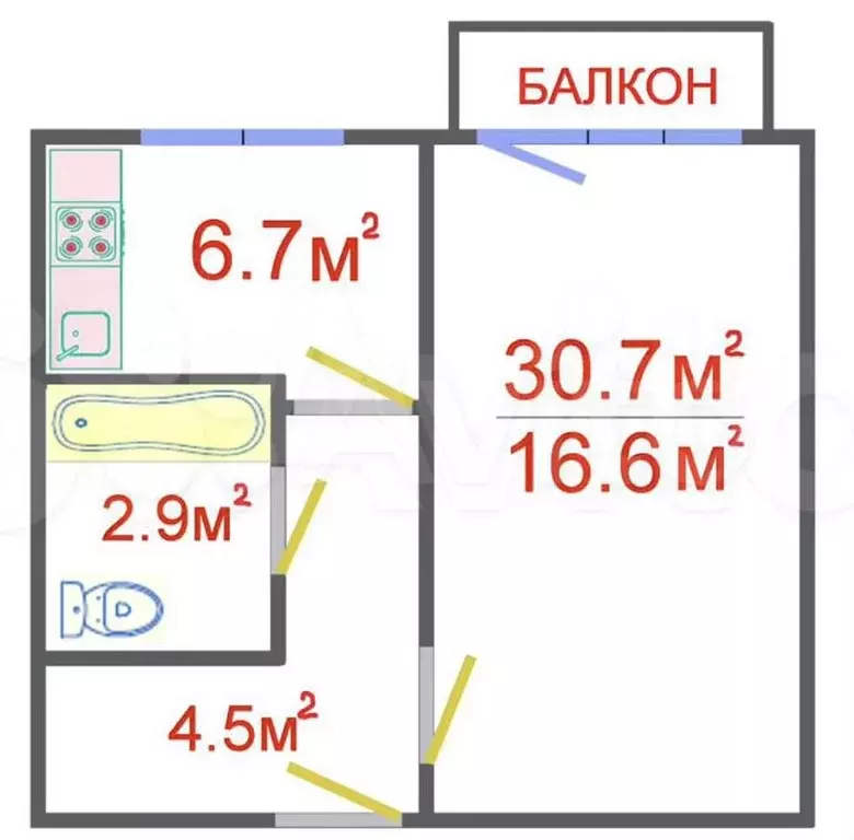 1-к. квартира, 30,7 м, 2/5 эт. - Фото 0