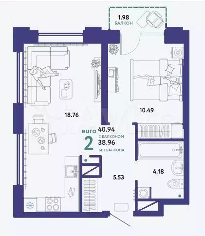 2-к. квартира, 41 м, 7/25 эт. - Фото 1