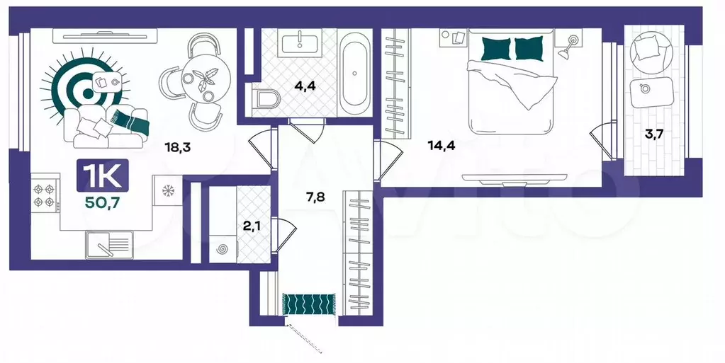 1-к. квартира, 50,7 м, 2/5 эт. - Фото 1