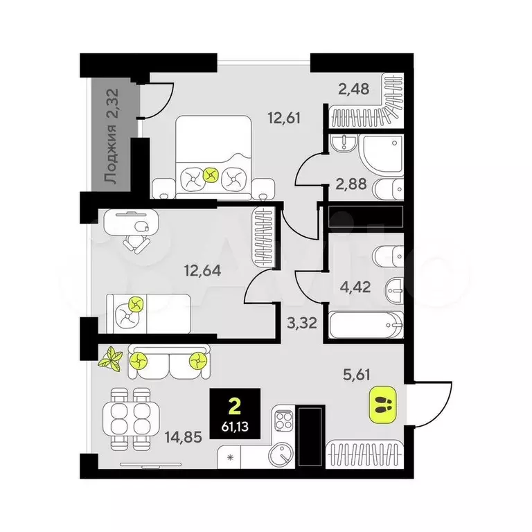 2-к. квартира, 61,1 м, 12/14 эт. - Фото 0