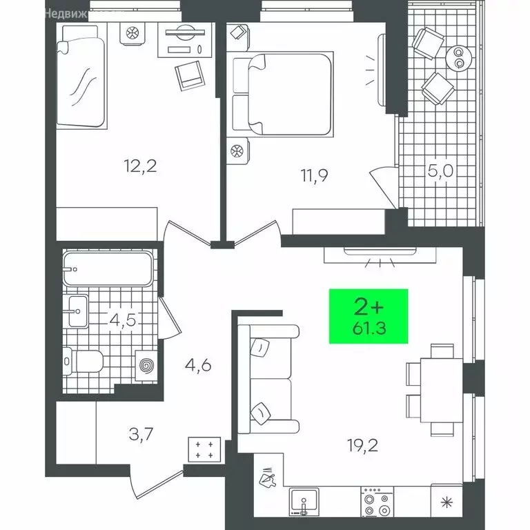 2-комнатная квартира: Тюмень, улица Василия Малкова, 17 (61.39 м) - Фото 0