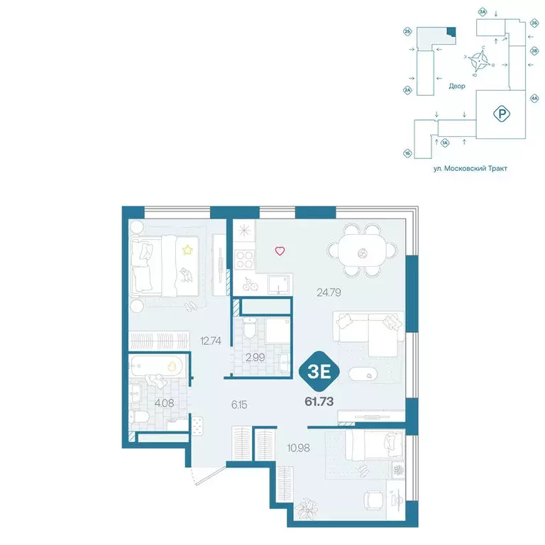 3-комнатная квартира: Тюмень, жилой комплекс Сибирский (61.73 м) - Фото 0