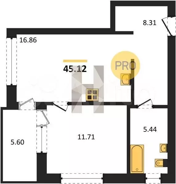 1-к. квартира, 45,1 м, 1/9 эт. - Фото 1