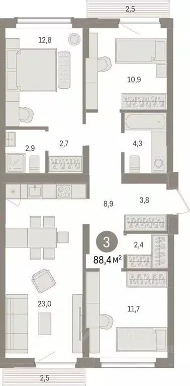 3-к кв. Липецкая область, Липецк пл. Петра Великого, 1 (88.4 м) - Фото 0